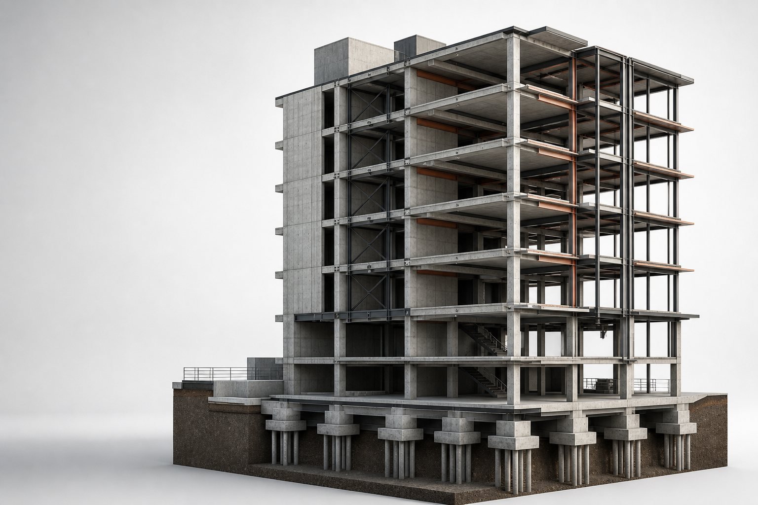 Representative structural BIM model showing a building frame and foundations
